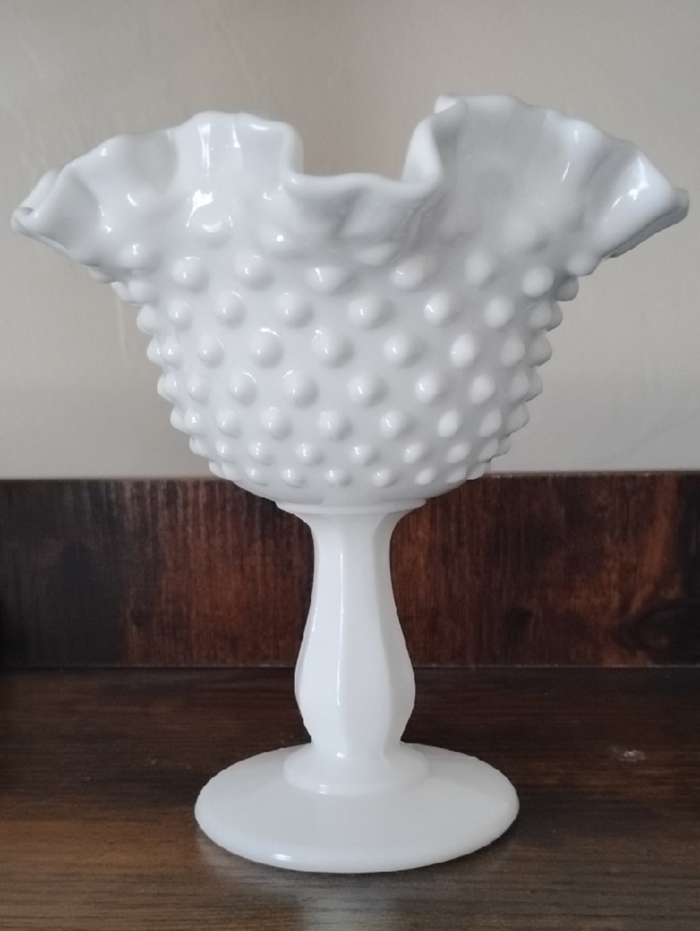 Fenton White Hobnail Ruffled Pedestal Compote
